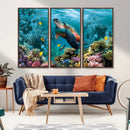 Sea Turtle and Coral Reef Triptych Wall Art – Vibrant
