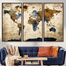 World Map Wall Art – Antique Style Blue and Brown Map Canvas