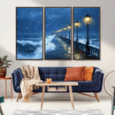 Stormy Ocean Pier Lights Canvas Wall Art Print - Large Moody