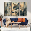 Wood Style Rustic Wolf Wall Art Canvas Print, Vintage