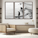 Surfers on Waves Wall Art Canvas Print – Framed Black and