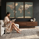 Rustic Black and Wood World Map Canvas Wall Art – Framed