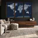 Blue Detailed World Map Wall Art Canvas Print, Modern Framed