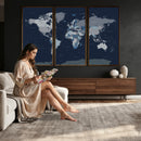 Blue Detailed World Map Wall Art Canvas Print, Modern Framed