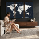 Black World Map Wall Art Canvas Print for Home Office and