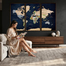 Minimalist World Map Canvas Wall Art - Watercolor Blue and