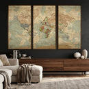 World Map Wall Art Canvas Print, Rustic Map Print, Framed