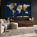 Navy Blue World Map Canvas Print – Detailed Map Minimal Navy