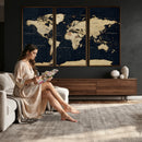 Dark World Map Canvas Wall Art Print, Minimal Black and Gold