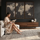 World Map Canvas Wall Art Dark Charcoal Antique Tan Detailed