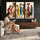 African Folk Art Canvas Wall Art, Colorful African Women Village Painting Print, Tribal Ethnic Home Decor, Vibrant African Art, Living Room