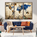 World Map Canvas Print – Vintage Blue and Gold World Map