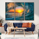 Ocean Wave Sunset Wall Art | Large Coastal Wave Canvas Print