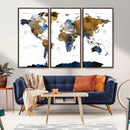 Modern Abstract World Map Canvas Wall Art – Framed Blue and