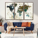 Vintage World Map Wall Art Canvas Print, Framed Rustic Earth