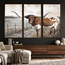 Vintage Texas Cow Wall Art Canvas Print, Rustic Longhorn