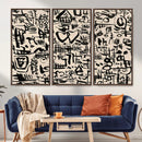 Abstract Love and Chaos Canvas Print, Black Symbols on Beige