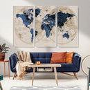 Vintage Blue World Map Canvas Wall Art – Antique Style