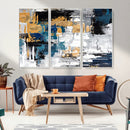 Blue and Gold Abstract Canvas Wall Art – Triptych Modern