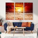 Red Sunset Ocean Beach Canvas Wall Art Beach Canvas, Coastal