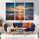 Sunset on the Ocean Beach with Waves, Reflections on Sand,