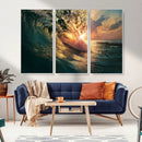 Ocean Wave Sunset Canvas Wall Art – Triptych Seascape Print
