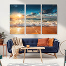 Golden Sunset Beach Triptych Canvas Art, Giclee Coastal Wall