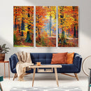 Autumn Red Forest Triptych Canvas Wall Art Print, Forest