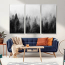Foggy Black and White Forest Canvas Wall Art, 3 Panel Misty