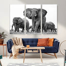 Black White Elephant Family Wall Art Canvas Print