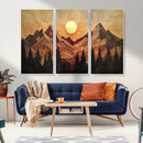 Wood Style Abstract Mountain Sunset Canvas Wall Art Print -