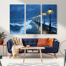 Stormy Ocean Pier Lights Canvas Wall Art Print - Large Moody