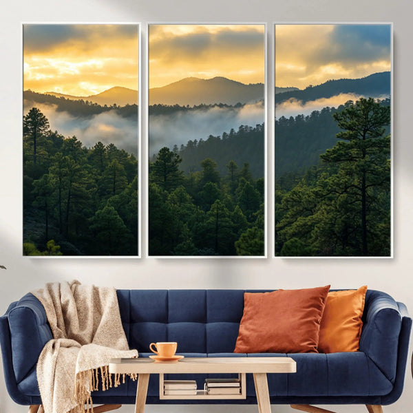 Mountain Sunrise Wall Art – Framed Pine Forest Canvas