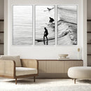 Surfers on Waves Wall Art Canvas Print – Framed Black and