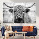 Black White Highland Cow Wall Art Canvas Print
