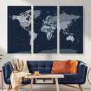 Blue Detailed World Map Wall Art Canvas Print, Modern Framed