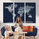 Blue Detailed World Map Wall Art Canvas Print, Modern Framed