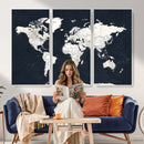 Black World Map Wall Art Canvas Print for Home Office and