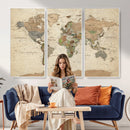Vintage World Map Canvas Wall Art - Rustic Grunge Texture