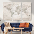 Antique Style World Map Canvas Print - Vintage Detailed