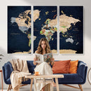 Minimalist World Map Canvas Wall Art - Watercolor Blue and