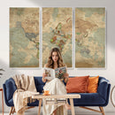 World Map Wall Art Canvas Print, Rustic Map Print, Framed