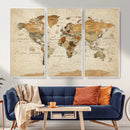 Vintage World Map Canvas Print – Framed Rustic Detailed Map
