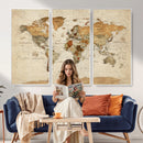 Vintage World Map Canvas Print – Framed Rustic Detailed Map