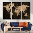 Brown World Map Canvas Print – Modern Travel Map Wall Art,