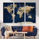 Navy Blue World Map Canvas Print – Detailed Map Minimal Navy
