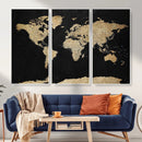 Beige World Map Canvas Wall Art Print, Minimal Black and