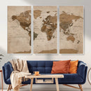 World Map Canvas Wall Art Print, Detailed Global Map Artwork