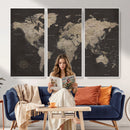 Custom World Map with Pins Canvas Wall Art Dark Charcoal