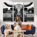 Black White Texas Longhorn Bull Canvas Wall Art, Western Ranch Cattle Photography Print, Rustic Farmhouse Cowboy Decor Artwork